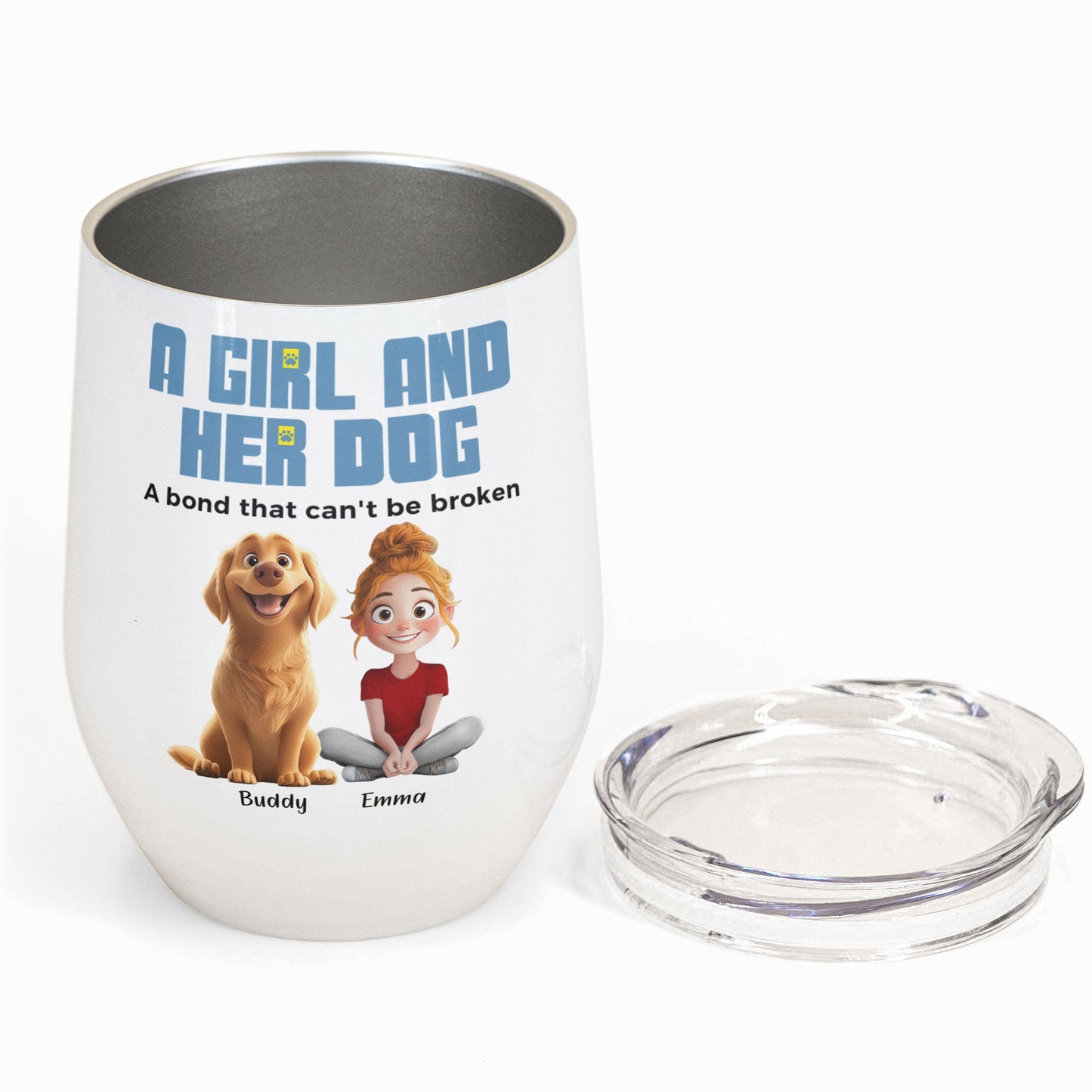 Personalized stainless steel wine tumbler, featuring "A Girl and Her Dog" design, perfect gift for dog lovers.