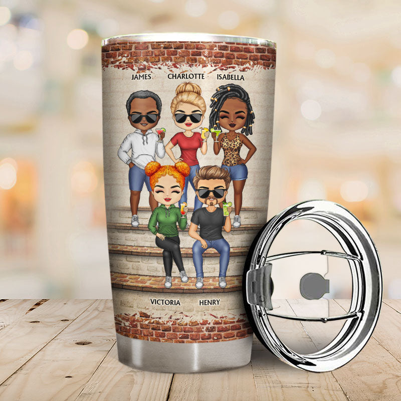 Custom best friend tumbler with cartoon figures and 'Besties for the Resties' text, stainless steel gift.