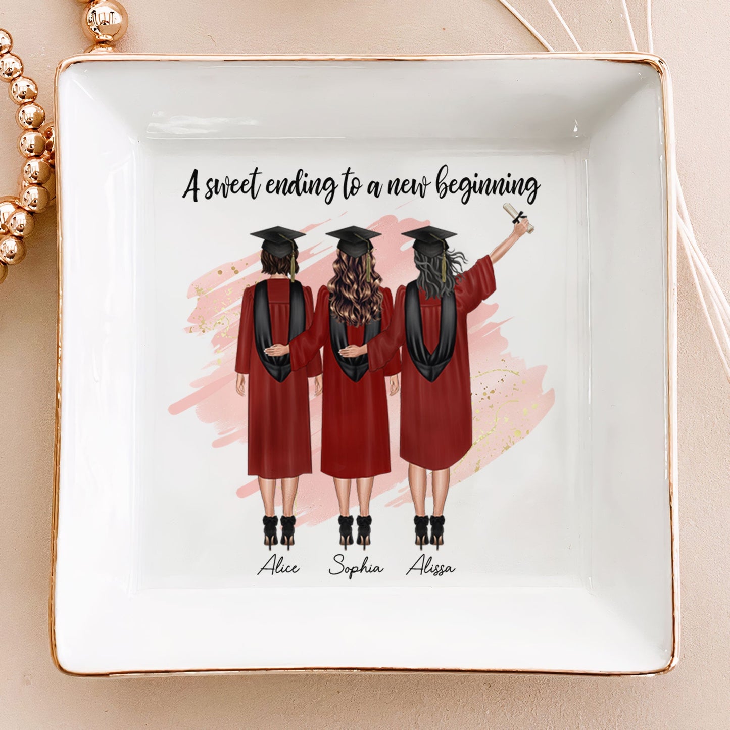 Personalized graduation jewelry dish with the quote 'A Sweet Ending To A New Beginning,' ceramic dish, elegant gift
