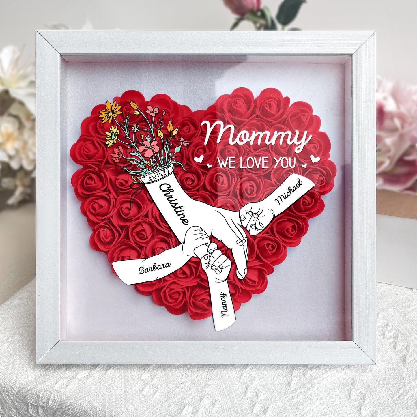Personalized Mommy Flower Shadow Box with names, heart-shaped design, ideal Mother's Day gift.