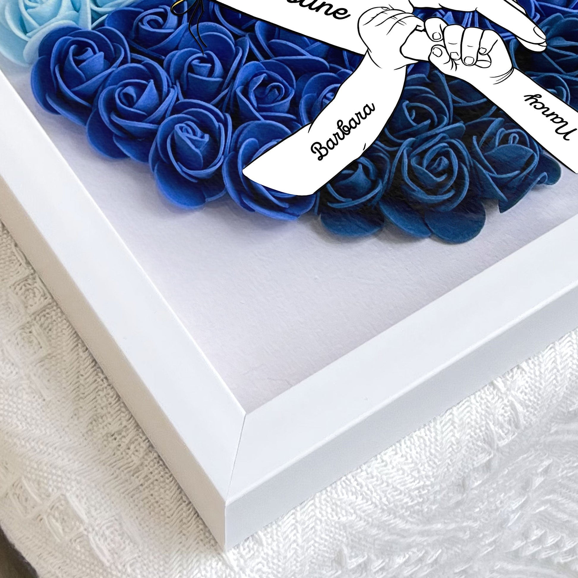We Love You Mommy flower shadow box with blue roses, personalized names, and white frame, Mother's Day gift.