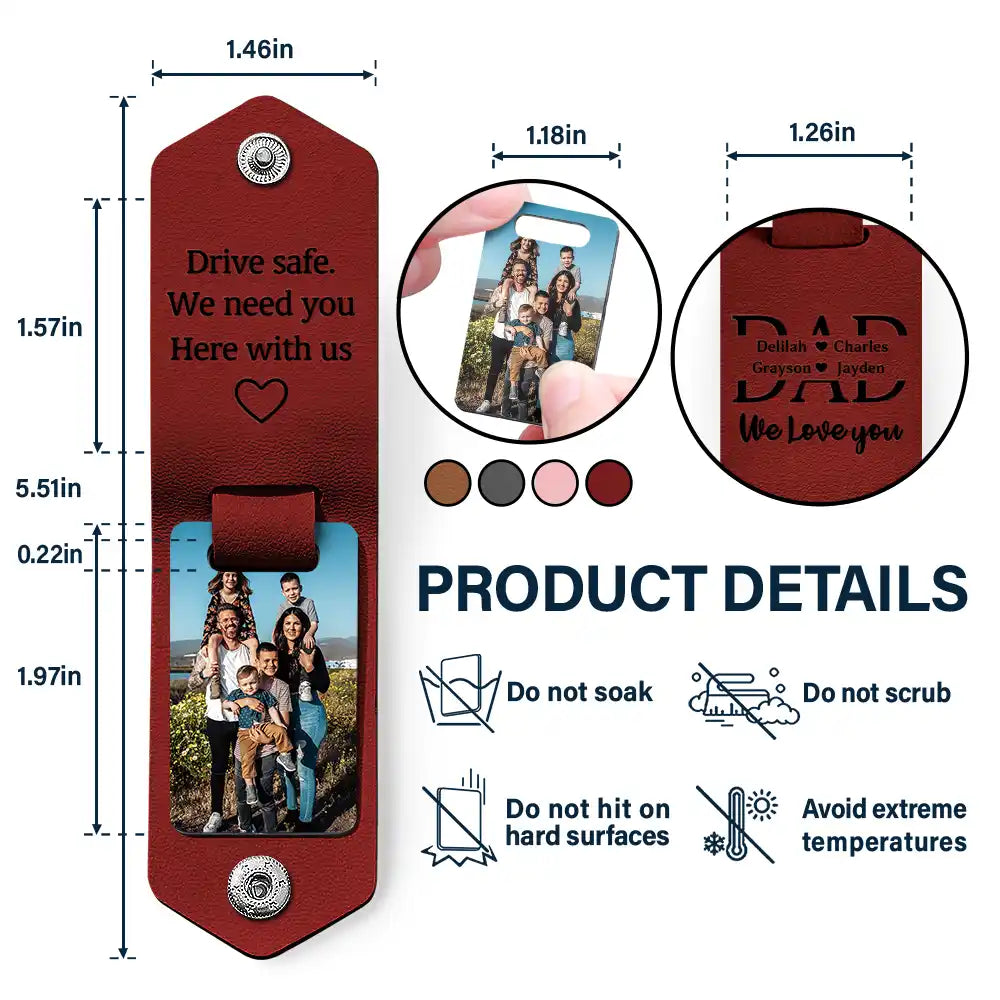 Personalized Photo Keychain for Dad - Dark Red Leather with 'I Need You Here With Me' engraving, Father's Day Gift