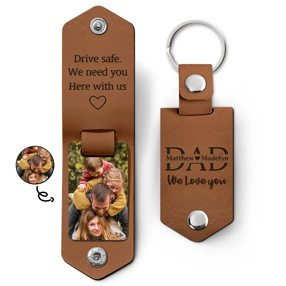 Custom Photo Leather Keychain - Brown, "I Love You" Engraved, Gift for Dad