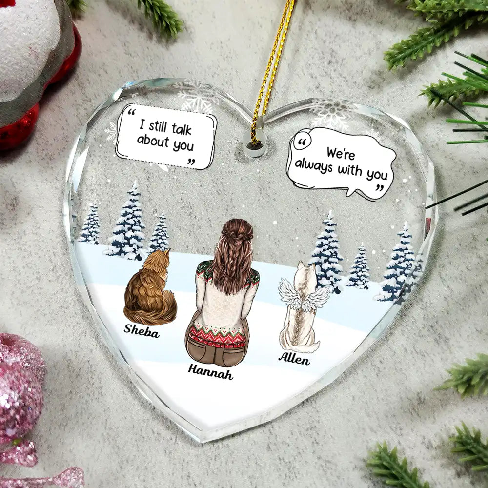 Personalized heart-shaped pet memorial ornament, glass with dog and cat design, "I miss you" message, Christmas decoration.