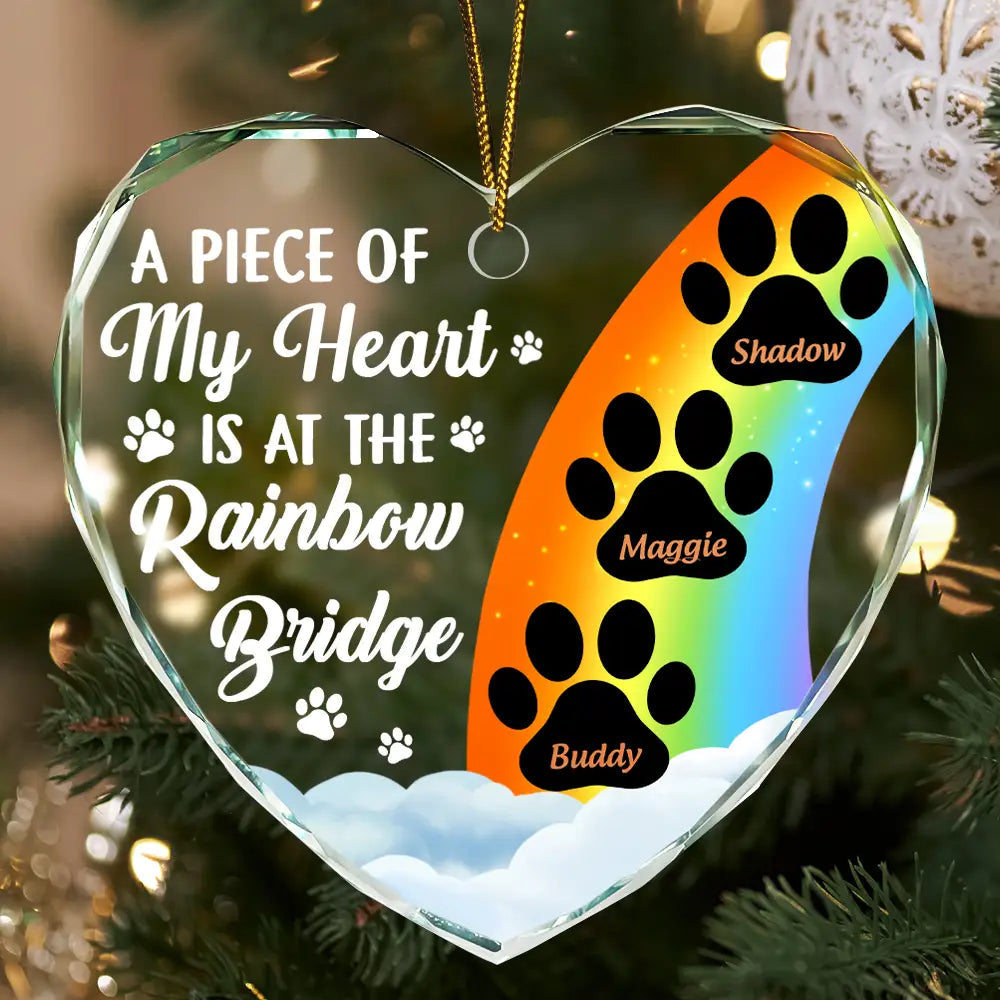 Personalized Rainbow Bridge memorial ornament with pet paw prints.