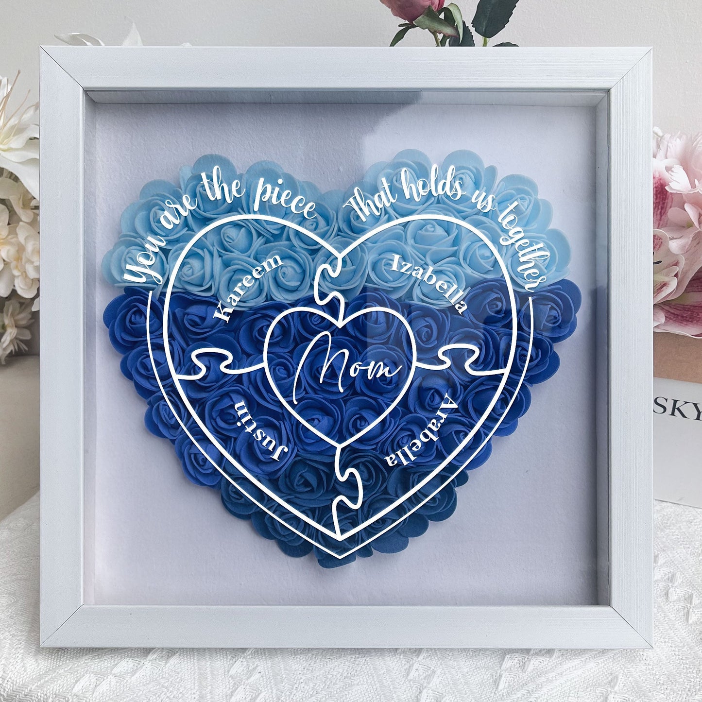 Blue heart-shaped "Mom" puzzle shadow box in white frame, Mother's Day gift.