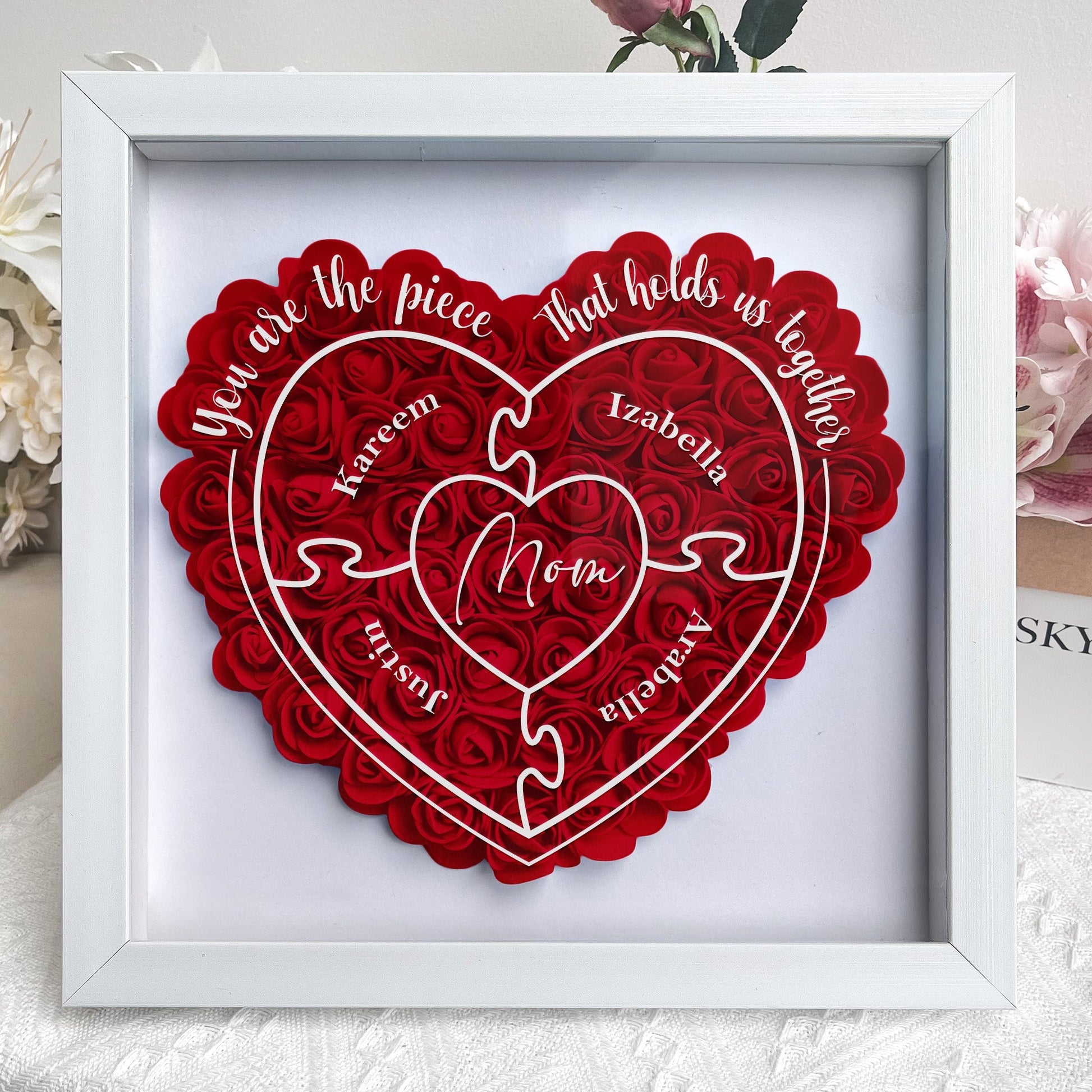 Personalized Mom Flower Shadow Box - 'You Are The Piece That Hold Us Together' gift for Mom, heart-shaped red puzzle
