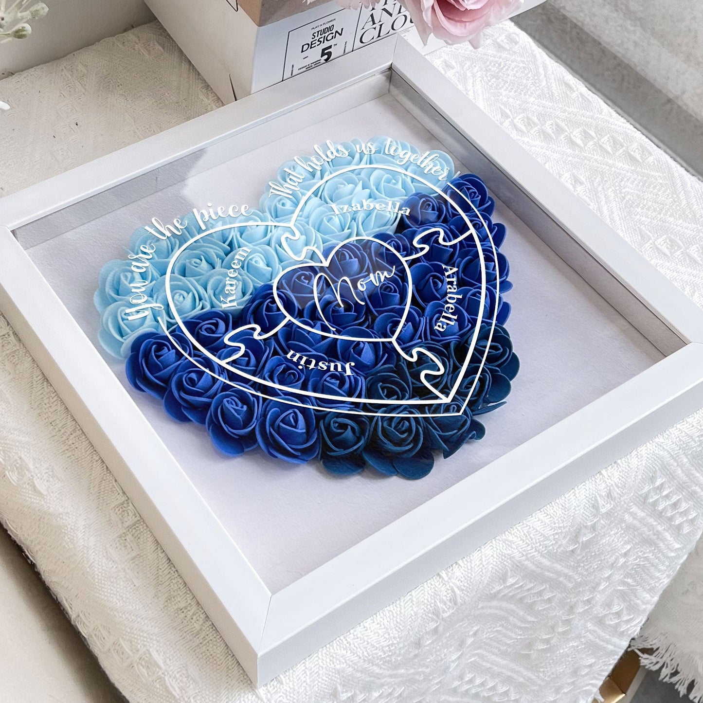 Blue floral heart shadow box for Mom, "You Are The Piece That Hold Us Together" gift in white frame.