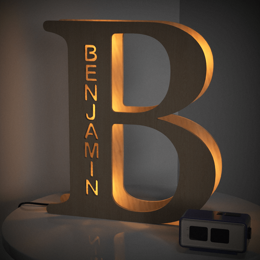 Personalized wooden letter "B" night light with name "BENJAMIN", warm LED glow, 28CM tall, home decor.