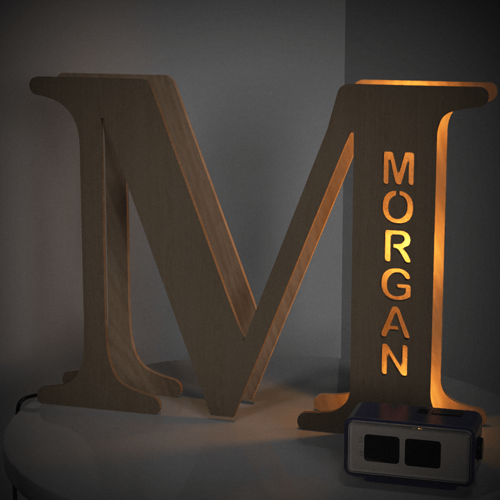 Personalized wooden 'M' night light with 'MORGAN' name, warm LED glow, 28cm, home decor