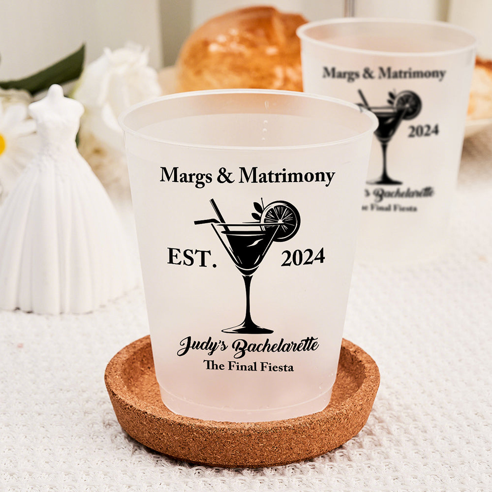 Personalized Margs & Matrimony bachelorette party cups, bridal celebration supplies