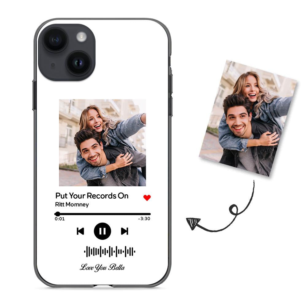 Custom white glass iPhone case with couple photo and music code for "Put Your Records On"