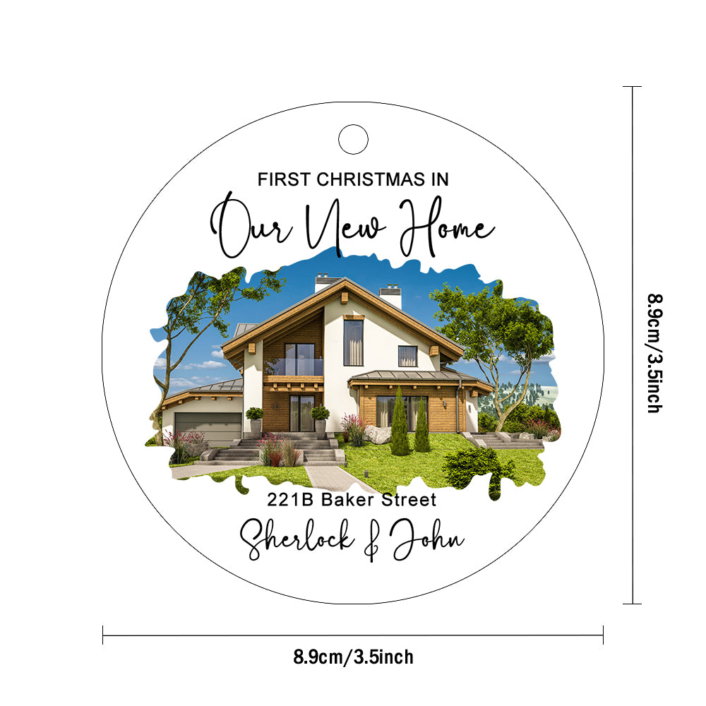Custom watercolor house ornament with personalized text for new home. Acrylic housewarming gift with red ribbon.