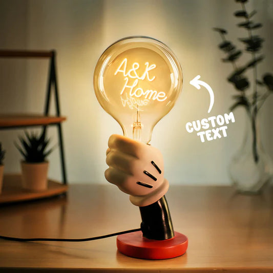 Vintage Edison LED Filament Modeling Lamp with Mickey Mouse hand holding custom text, warm yellow light, home decor