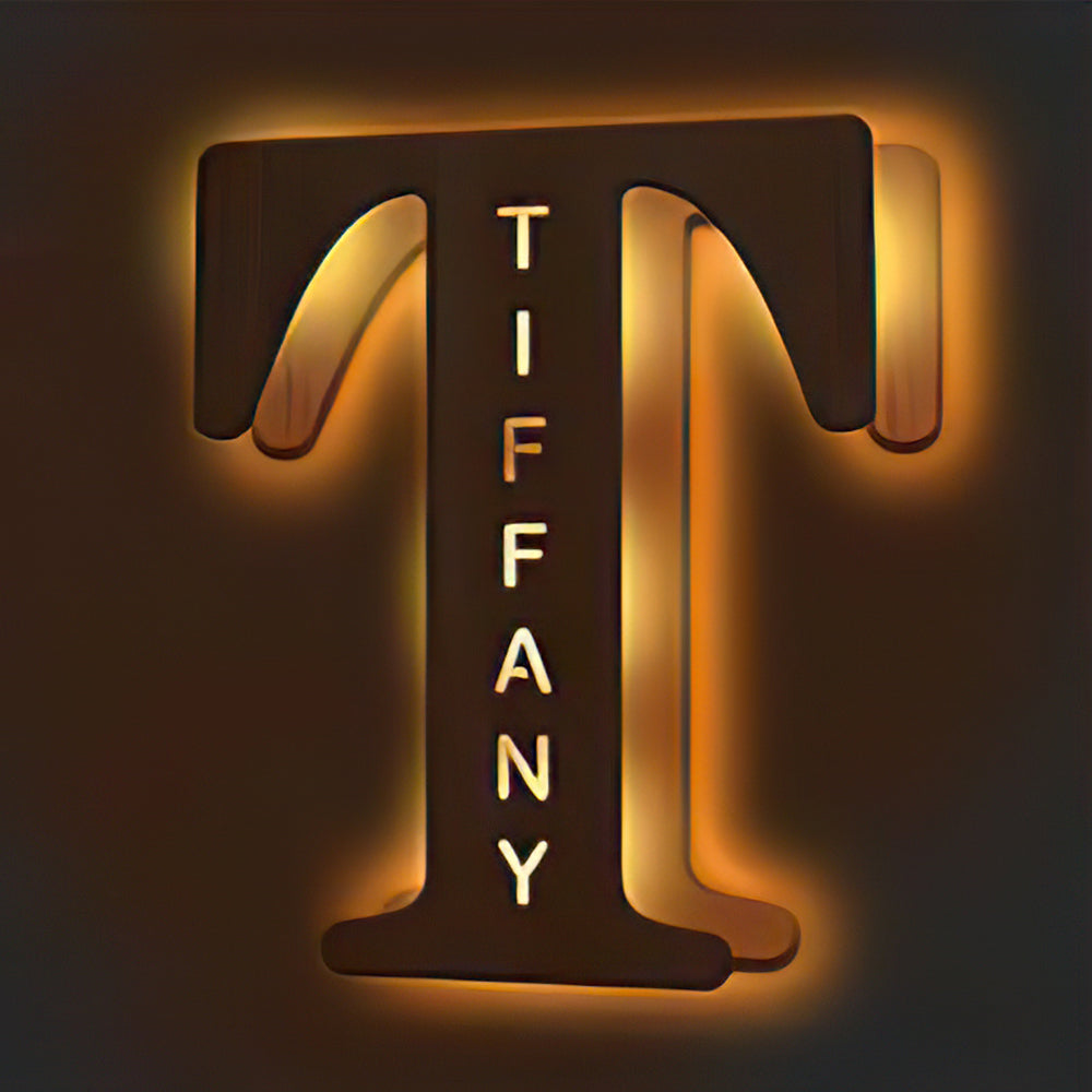 Personalized wooden letter 'T' night light with 'TIFFANY' illuminated, 28cm tall, warm LED glow, home decor.