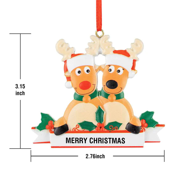 Custom Name Reindeer Family Ornament. Resin Christmas decoration with Merry Christmas text, festive holiday gift.