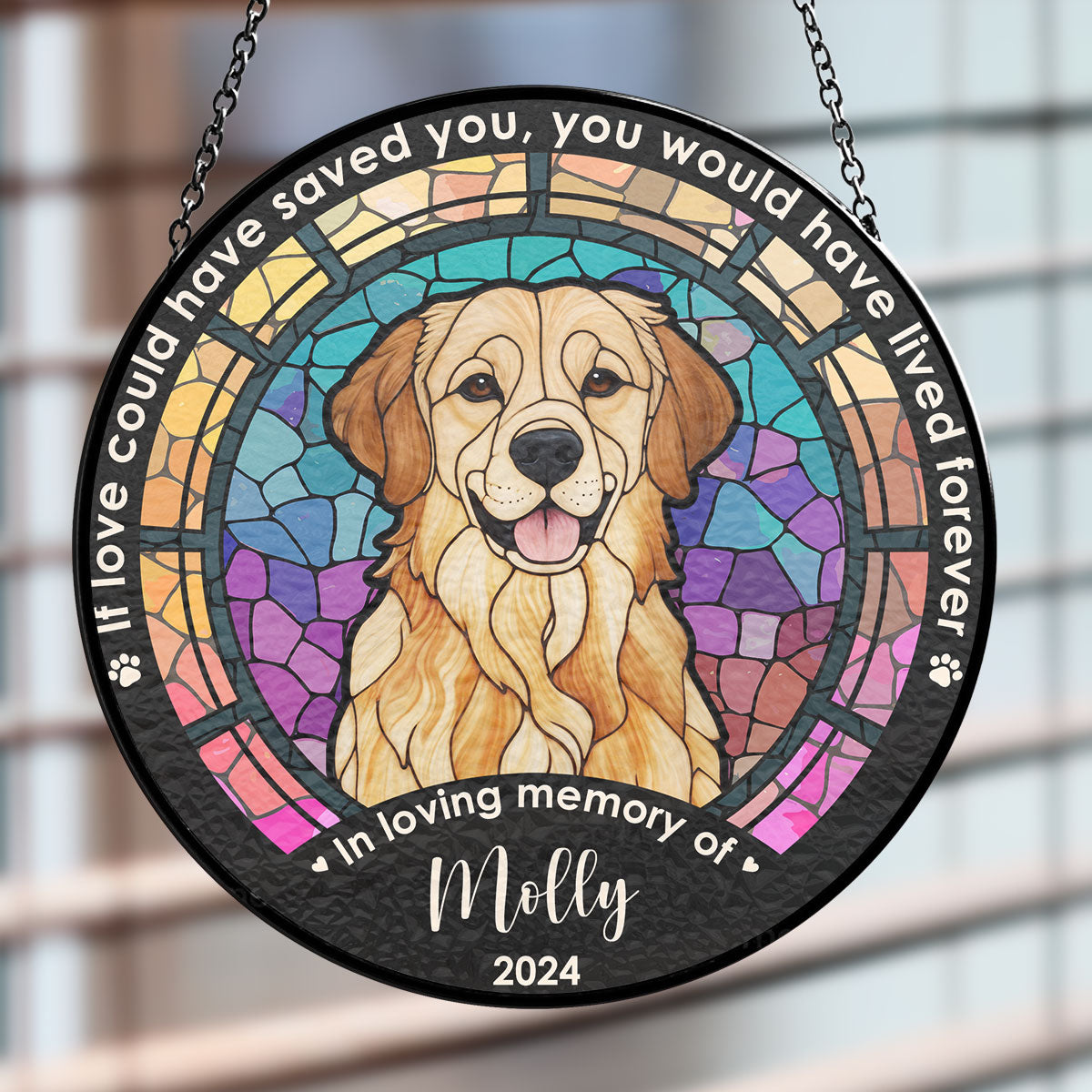 Personalized Golden Retriever suncatcher with custom name and year, stained glass window hanging decoration.