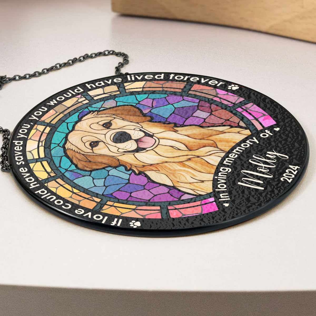Personalized Golden Retriever suncatcher, stained glass with dog photo, Life is Better With A Dog window decor.