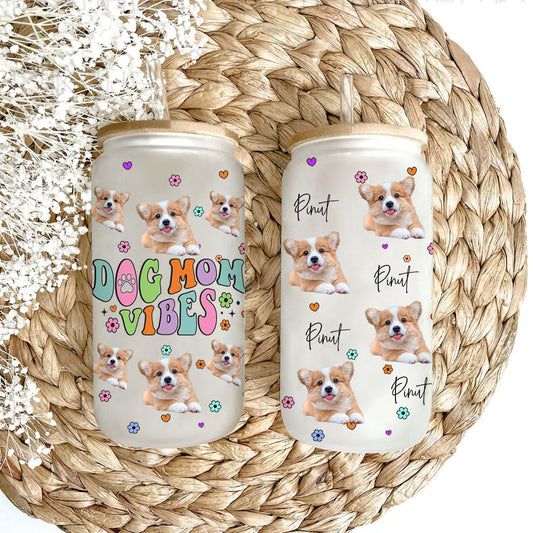 Personalized Frosted Glass Bottle with Dog Mom Vibes and Cutie Puppy Design