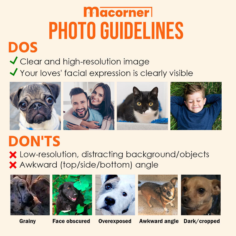 Pet photo guidelines for personalized pet memorial suncatchers: examples of clear, high-resolution photos.