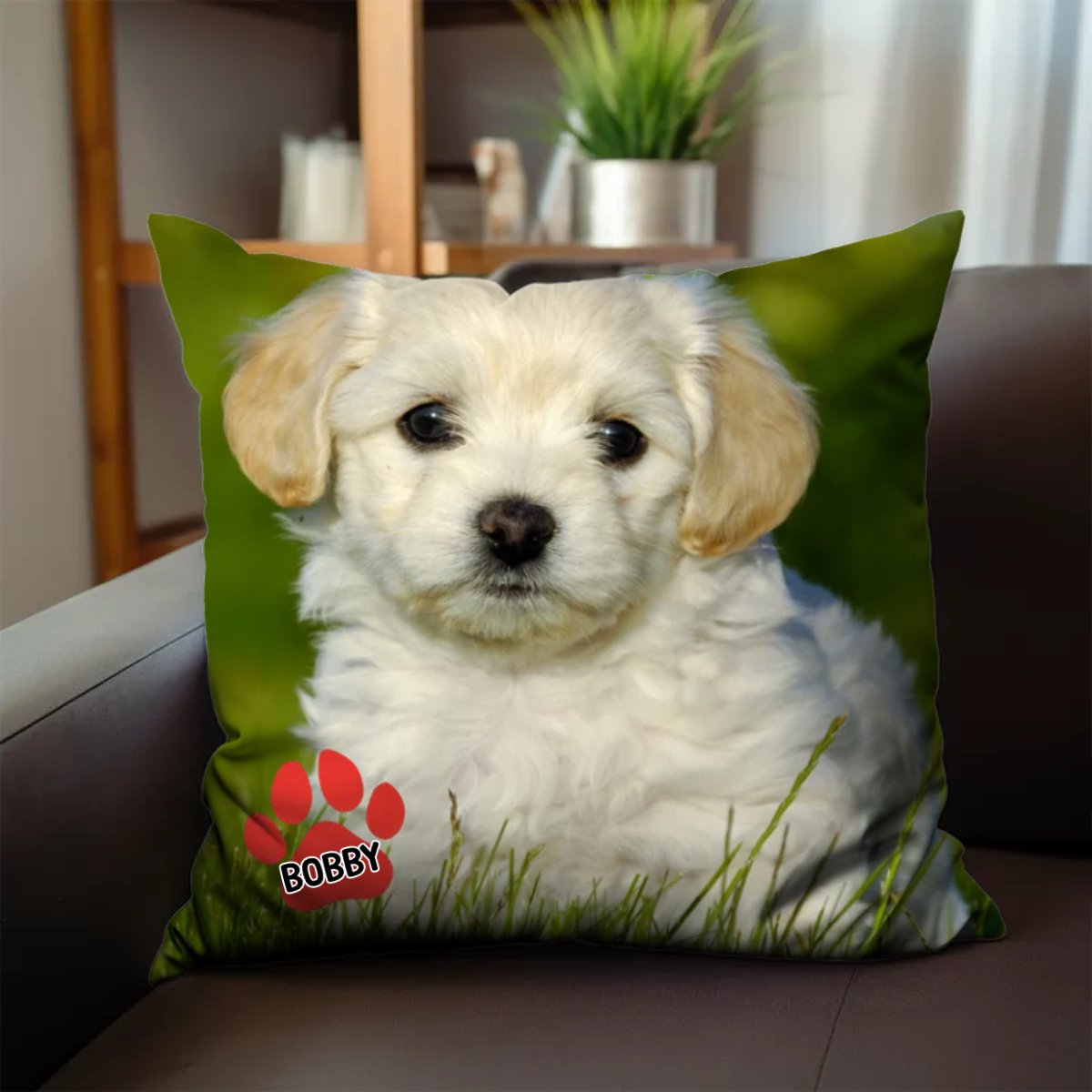 Personalized pillow with a fluffy white dog face and red paw print, perfect pet lovers gift.