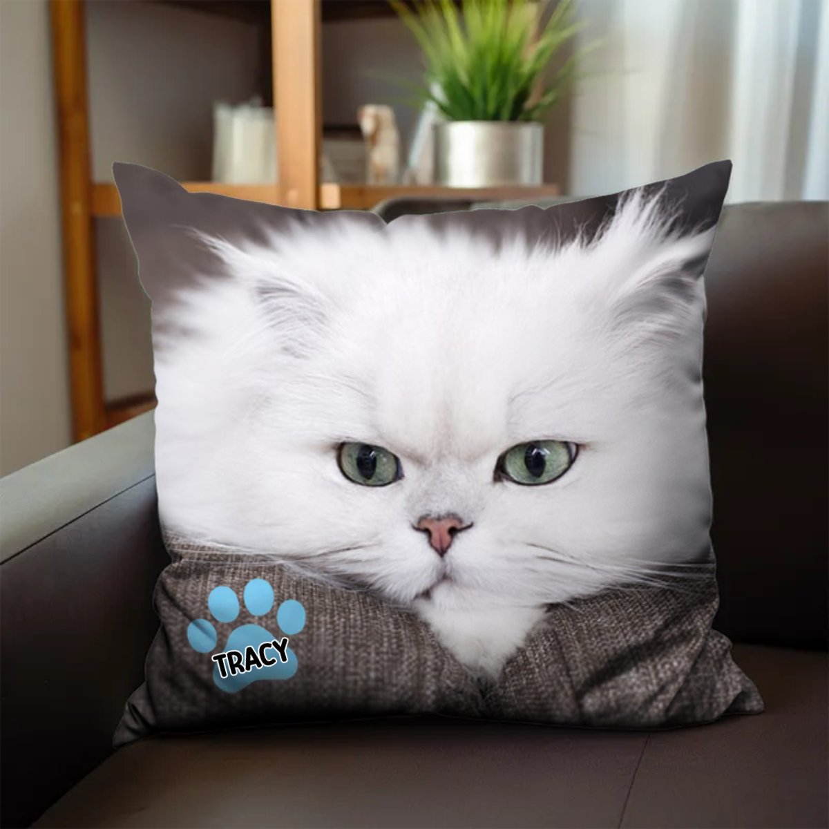Personalized pillow featuring a white cat face, flax material with zipper, perfect for pet lovers