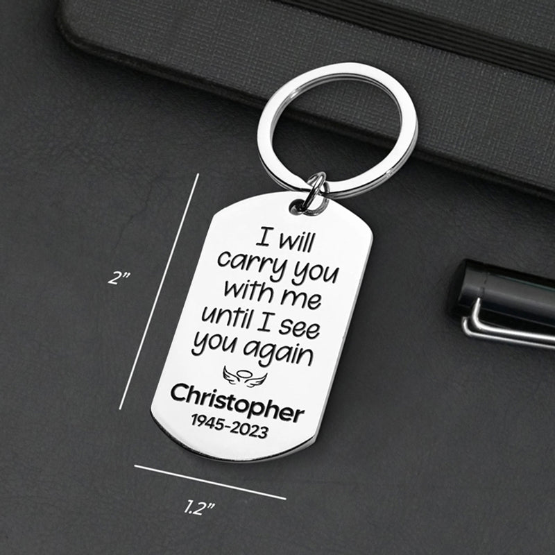 Engraved memorial keychain with custom message and name, stainless steel sympathy gift.